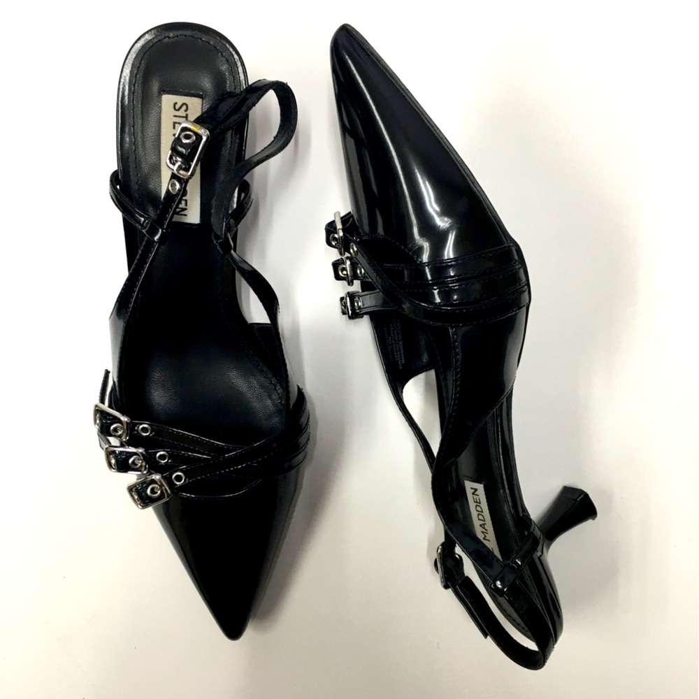 Steve Madden Leather Pointy Toe Sling Back Kitten Heels 7.5 Black Buckle Detail